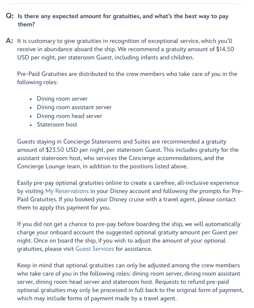Disney Cruise Line updated tipping guide